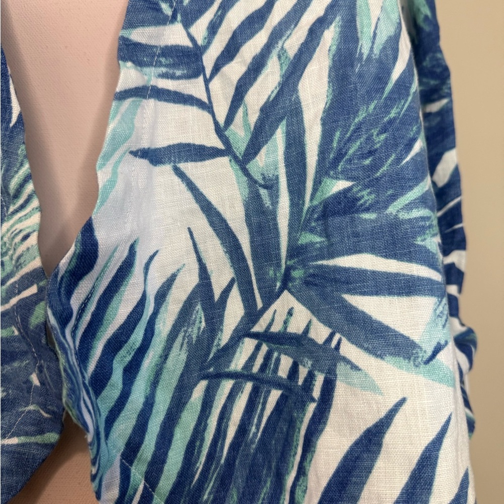 Chico’s Tropical Blue Leaf Print 100% linen open cardigan in size XL (3) - Picture 3 of 13